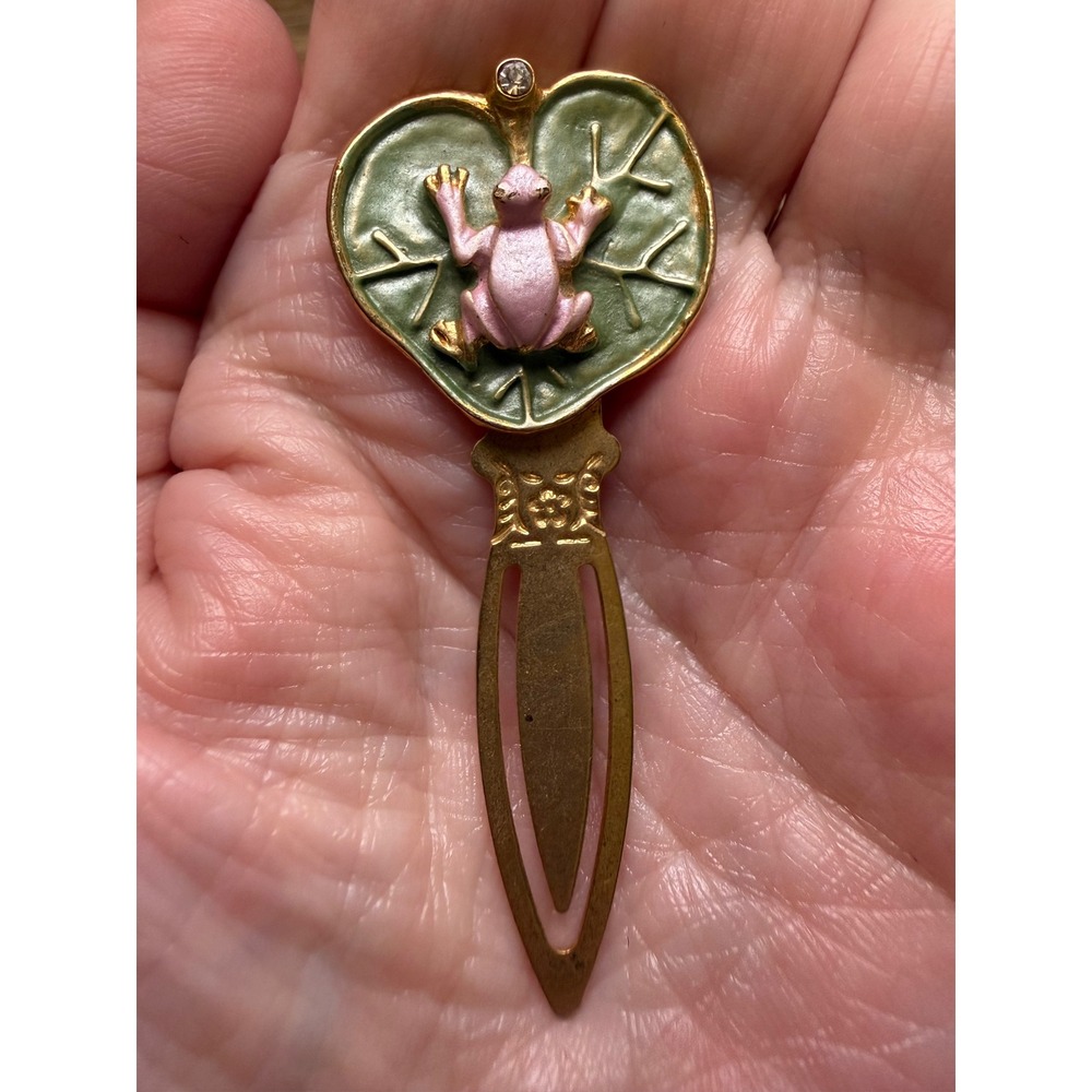 Bookmark Frog Lily Pad Pink Green Gold Tone Enamel Whimsical Vintage